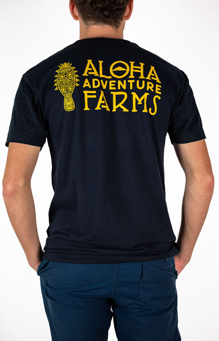 Black short sleeve shirt - back with tiki and Aloha Adventure Farms logo