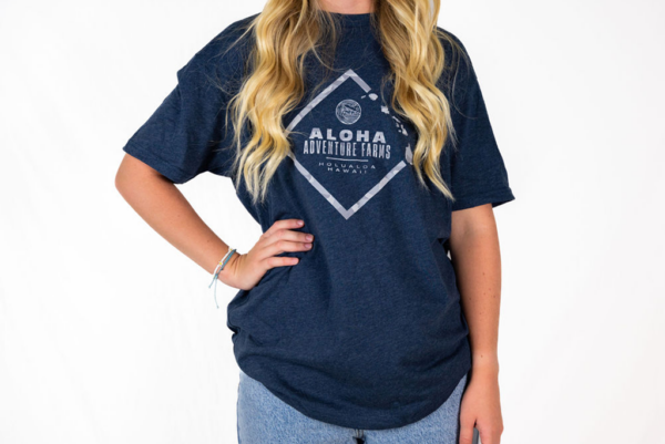 Blue short sleeve shirt - front with triangle and Aloha Adventure Farms logo