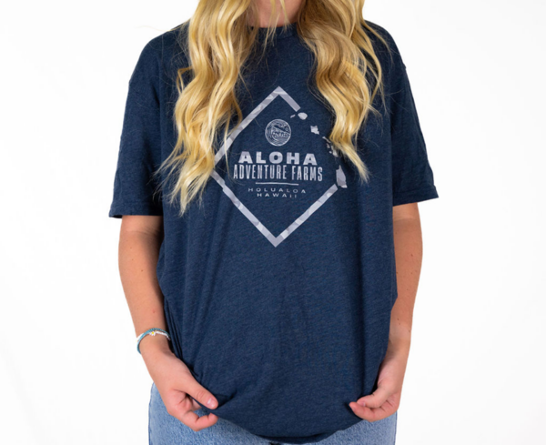 Blue short sleeve shirt - front with triangle and Aloha Adventure Farms logoBlue short sleeve shirt - front with triangle and Aloha Adventure Farms logo