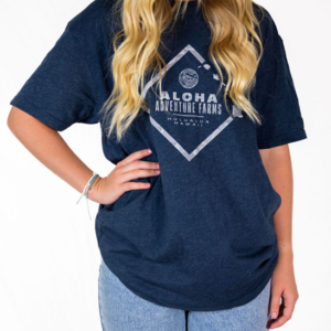 Blue short sleeve shirt - front with triangle and Aloha Adventure Farms logo