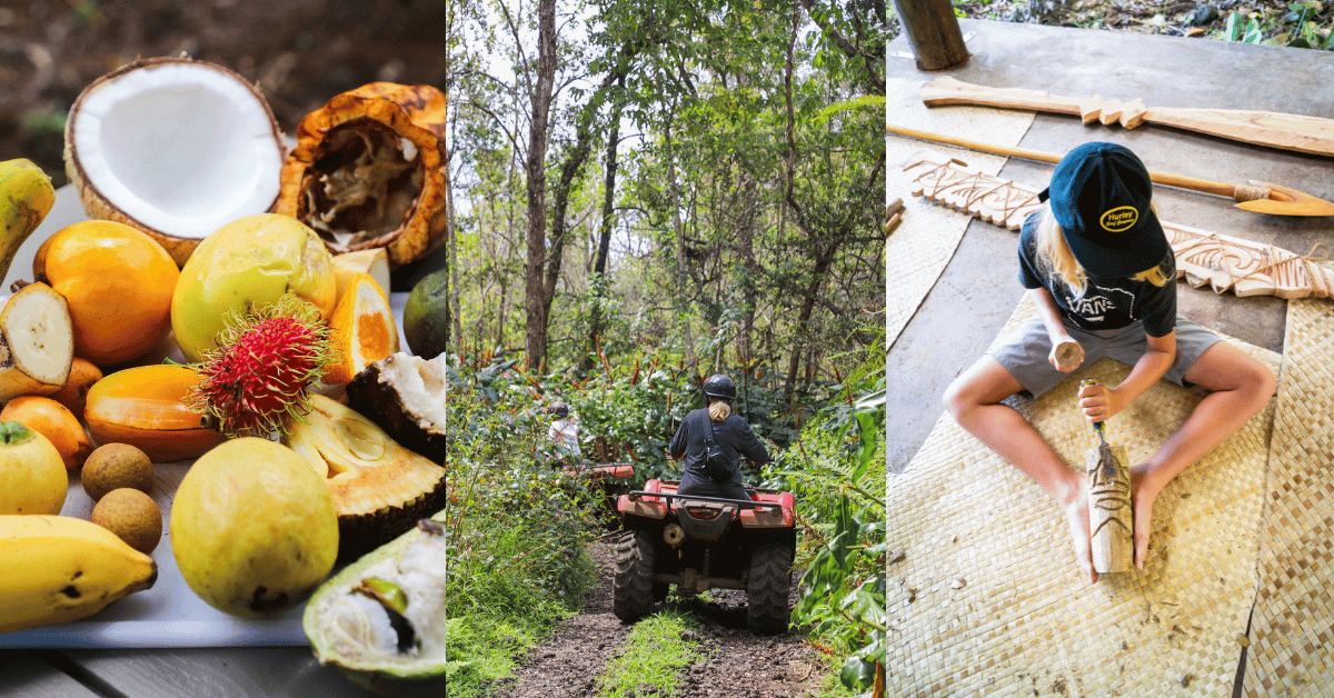 three image collage of offerings at aloha adventure farms with fruit tasting tours, atv tours and carving tour