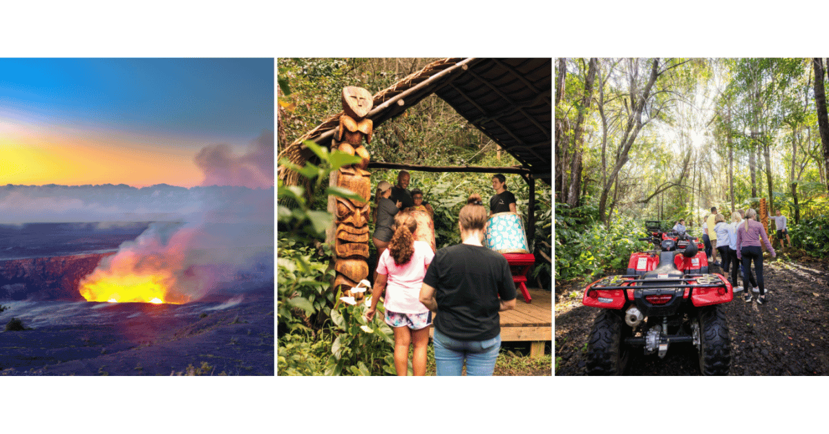 three image collage of big island atv tour and Hawaiʻi Volcanoes National Park