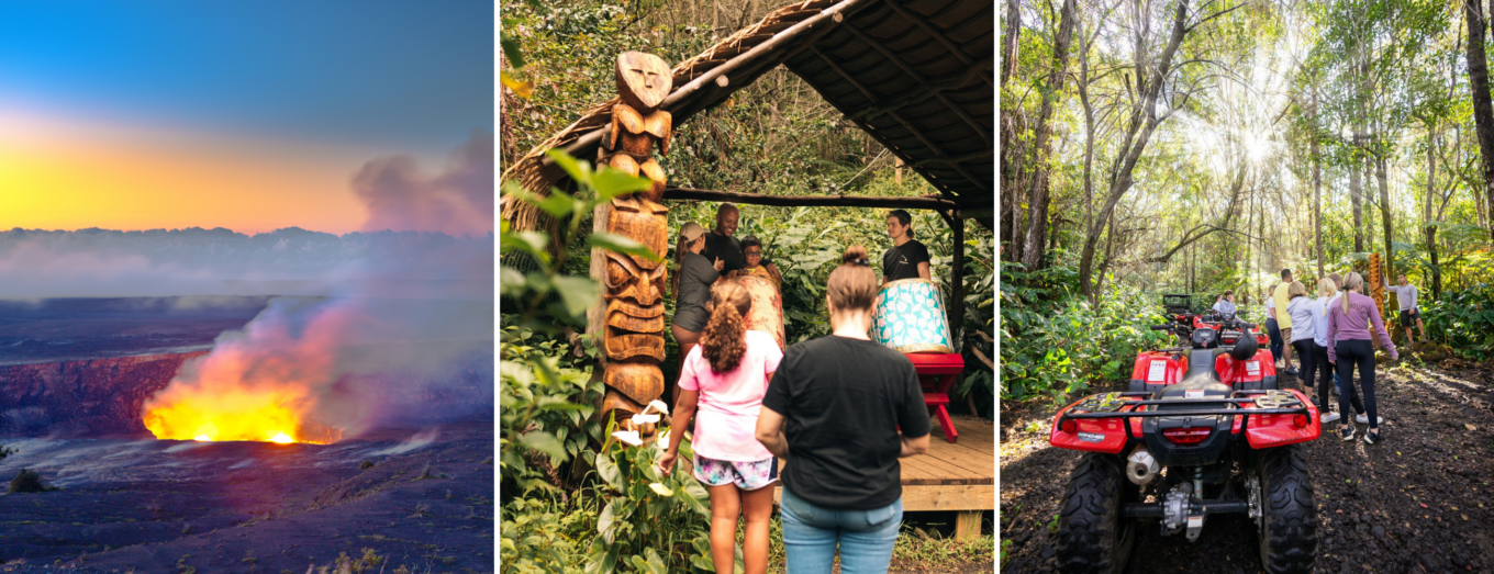 three image collage of big island atv tour and Hawaiʻi Volcanoes National Park